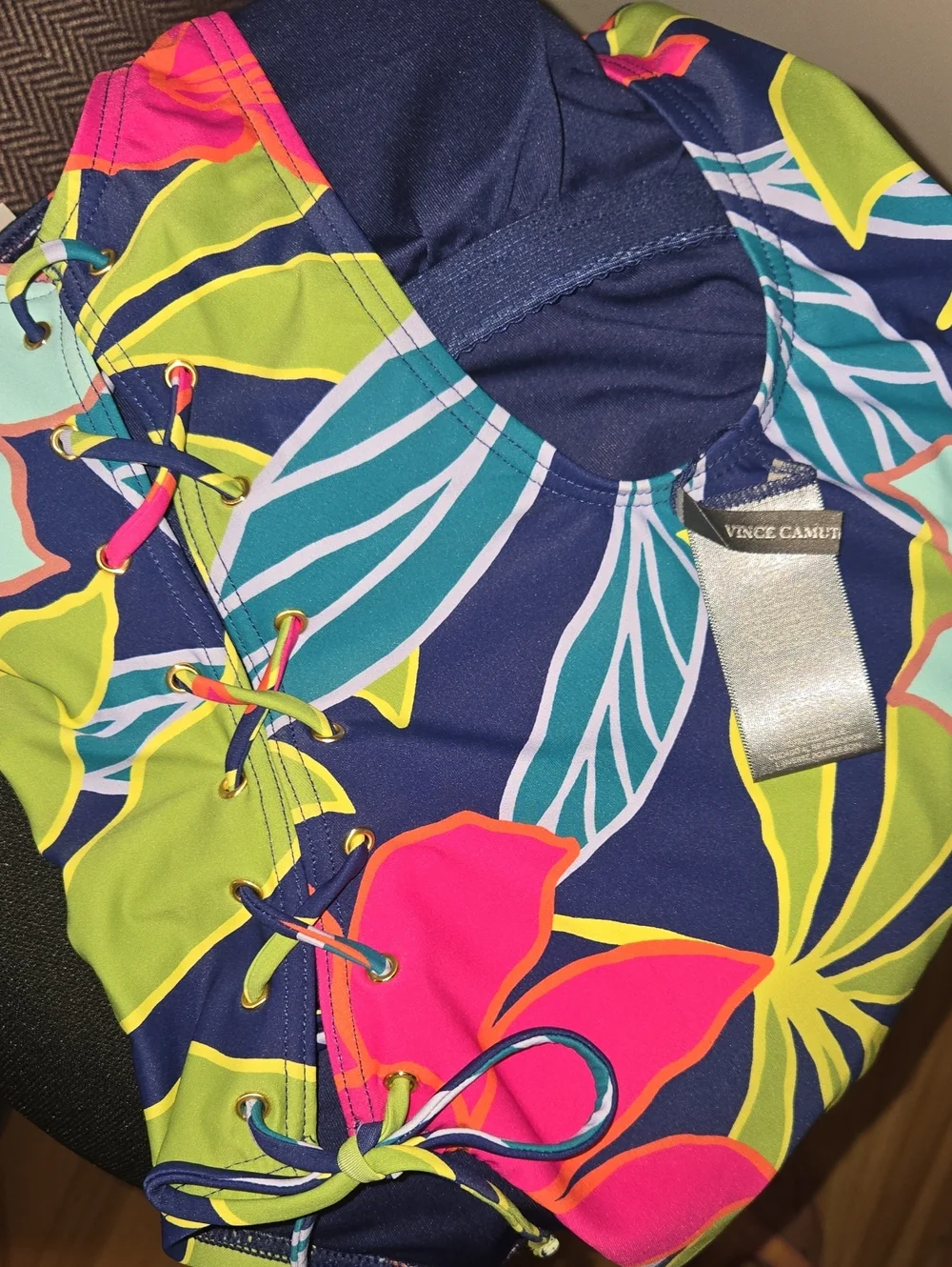 Vince Camuto Multicolor Floral One-Piece Swimsuit Lace-Up Sides NWT Size 4